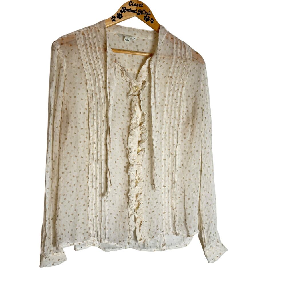 Womens Vintage Banana Republic Sheer Silk  Bow Top Cream & Polka Dot  M/L)